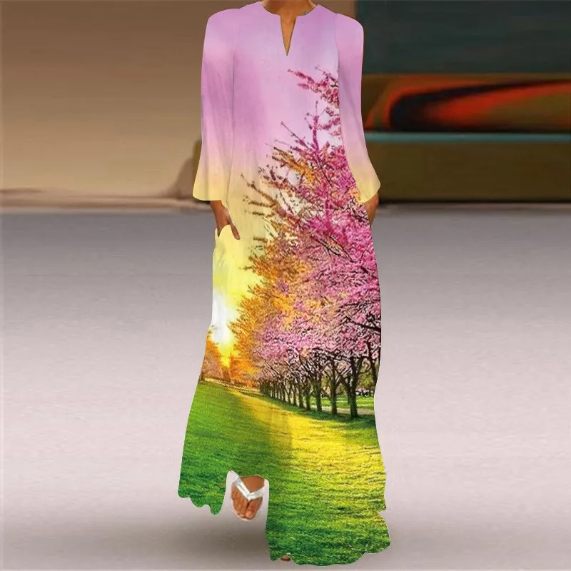 New V-neck Casual Retro Feather Print Long Skirt With Multiple Colors Comfortable And Elegant Bohemian Long Sleeved Pocket Dress