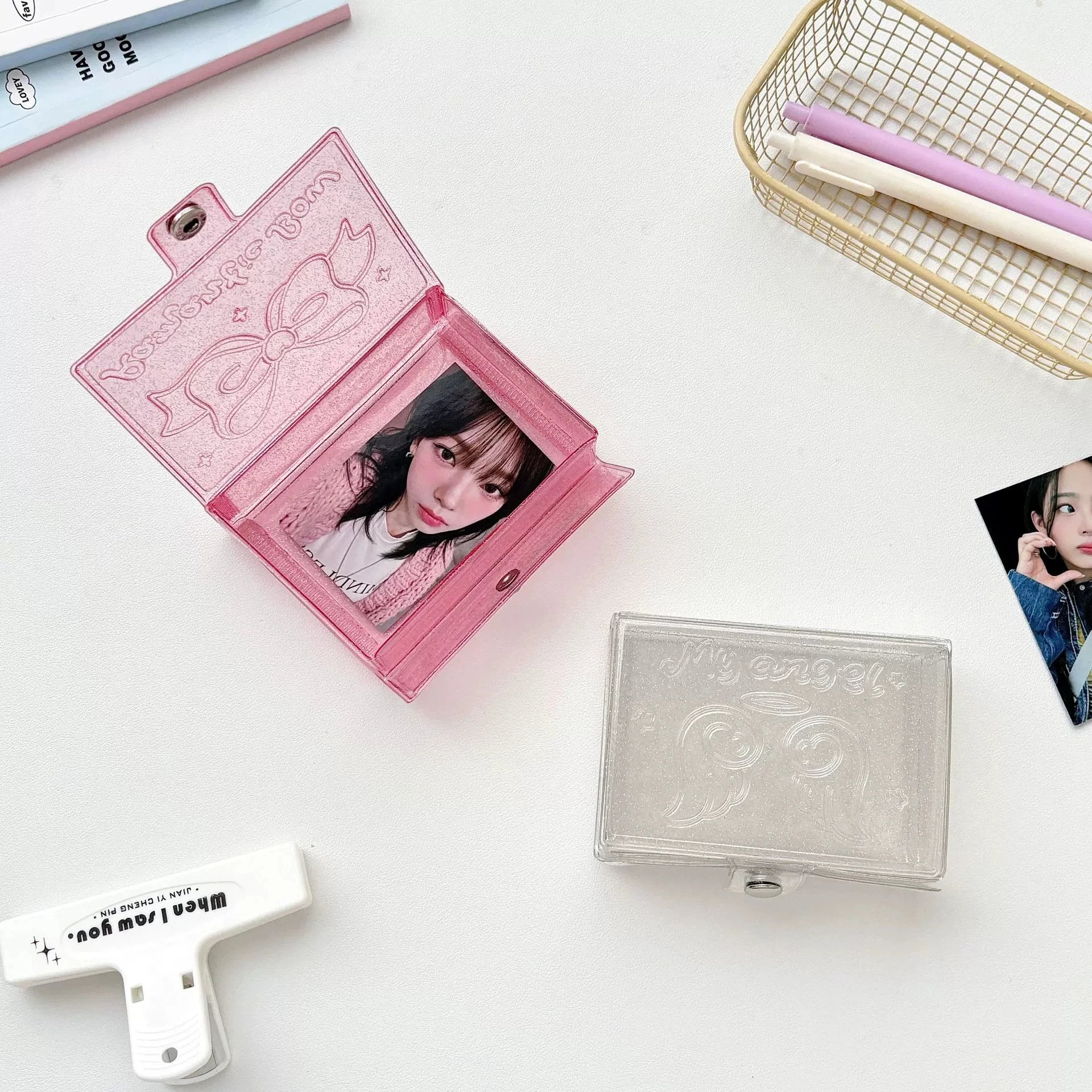 MINKYS Korean Style Glitter Wing Bow Photocard Box Hard Shell Photo Card Organizer For Kpop Collectibles