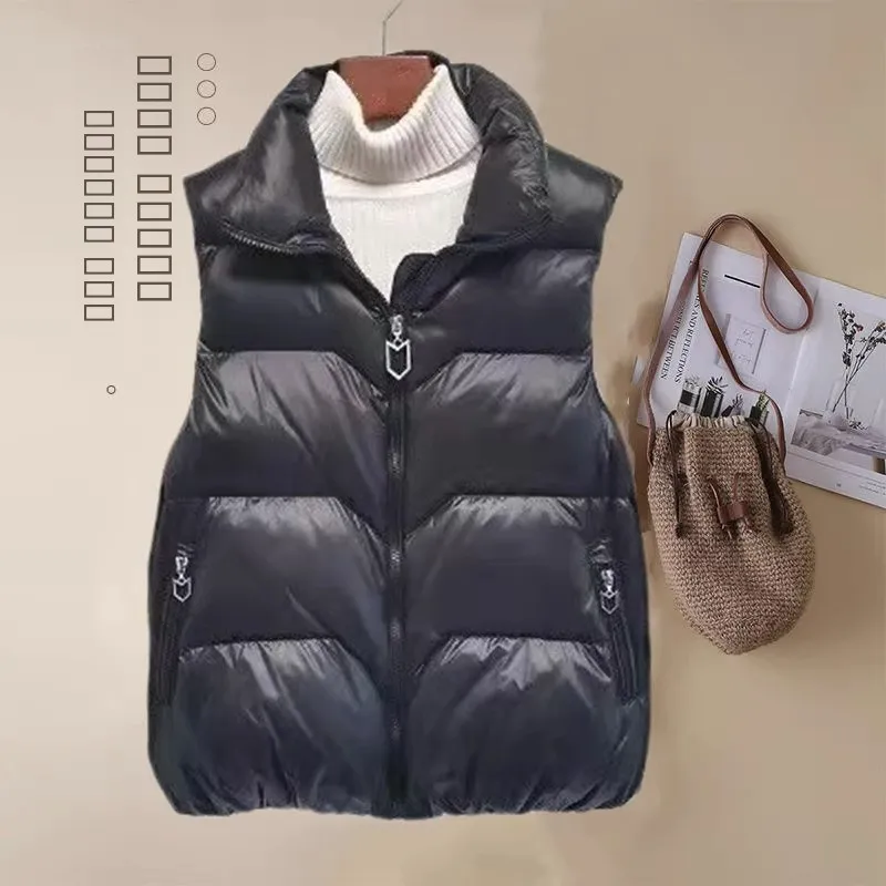 

plus Size Warm Stand Collar Sleeveless Vest for Women Black Trendy Winter Outerwear Casual Comfortable Fit Korean Style
