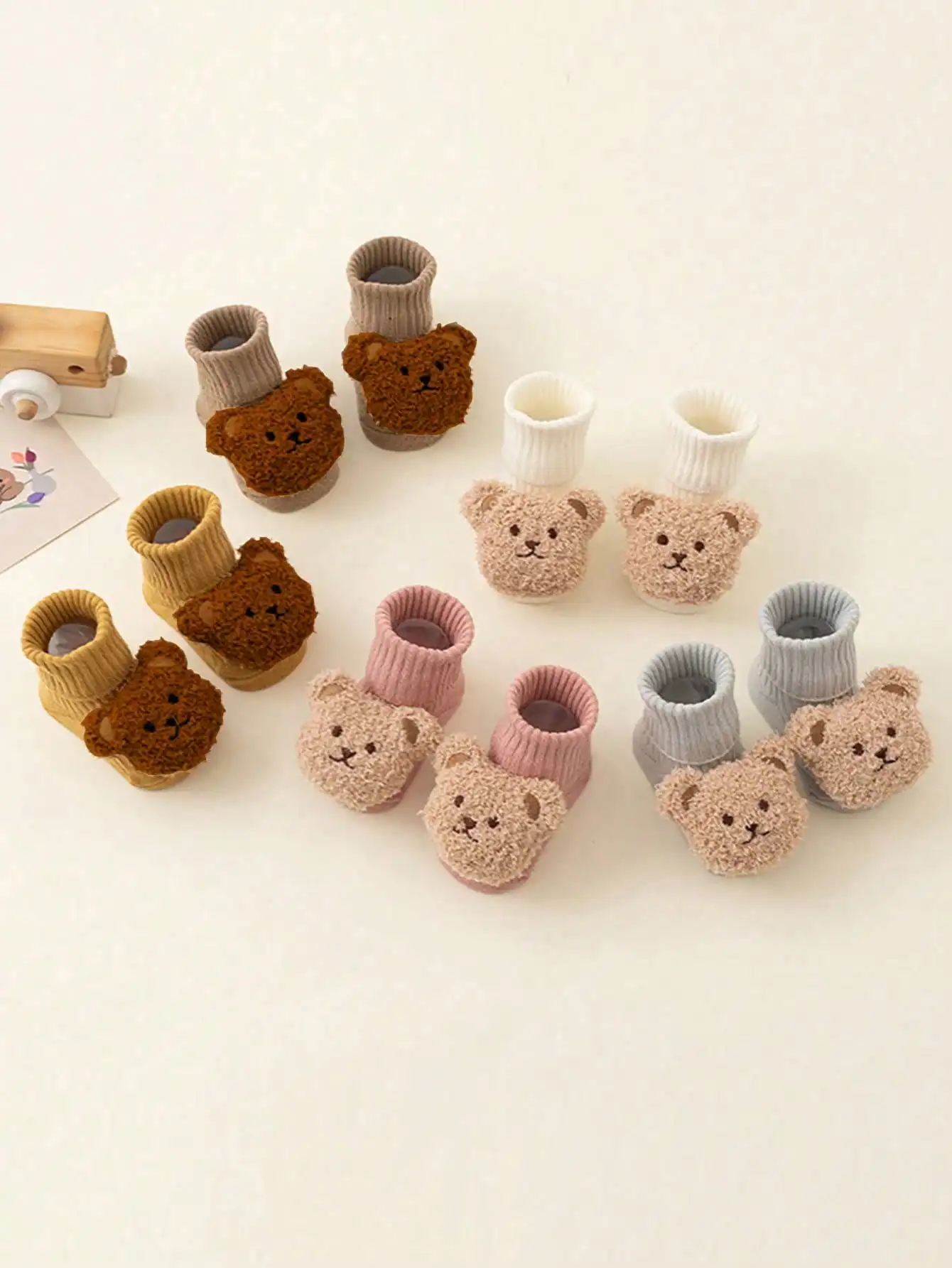 5Pairs Cute 3D Bear Baby Socks Non Slip Grips Floor Crew Socks Soft Anti Skid Infant Socks for 0-3Y Boys Girls Indoor Daily Wear
