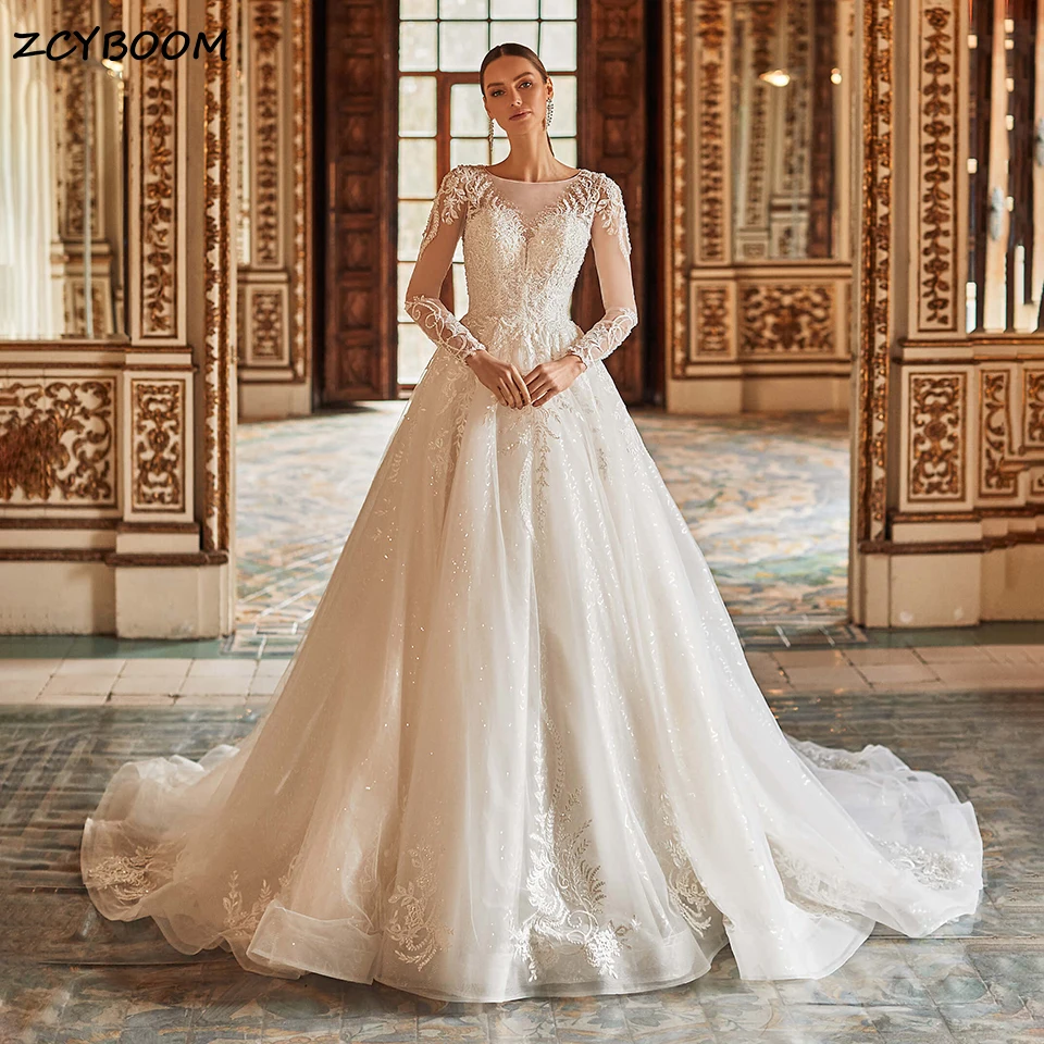 Elegant Long Sleeves A-Line Appliques Wedding Dresses 2026 Gorgeous Sweetheart Court Train Princess Bride Gowns Vestido De Novia