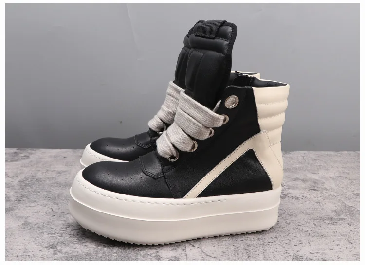 

Brand Men Shoe Casual High Top Quality Women Sneaker Black Ankle Boot Geobasket Leather RO Fashion Thick-sole Flat Zip Shoe