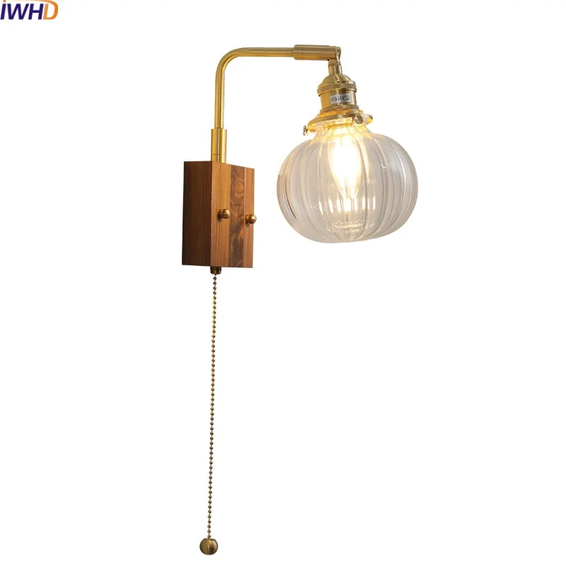 

IWHD Modern Style LED Wall Lights Fixtures Bathroom Bedroom Living Room Walnut Glass Bedside Lamp Home Decor Pull Chain Switch