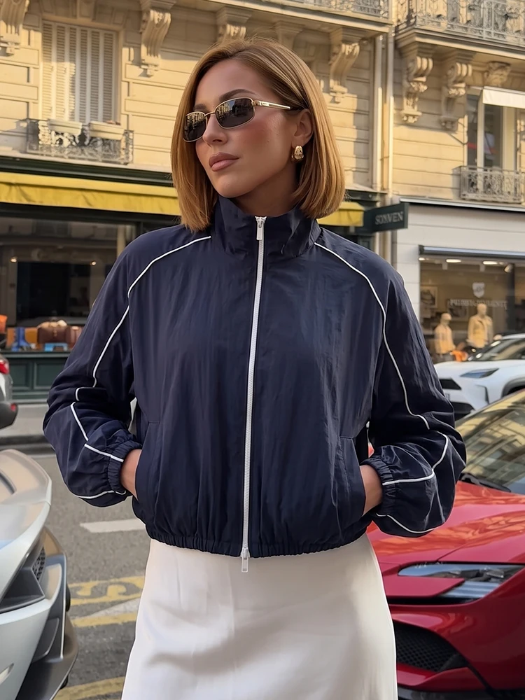 HH Contrast White Piping Cropped Track Jacket Women Zip Up Drawstring Hem Stand Collar Lightweight Sports Casual Coat