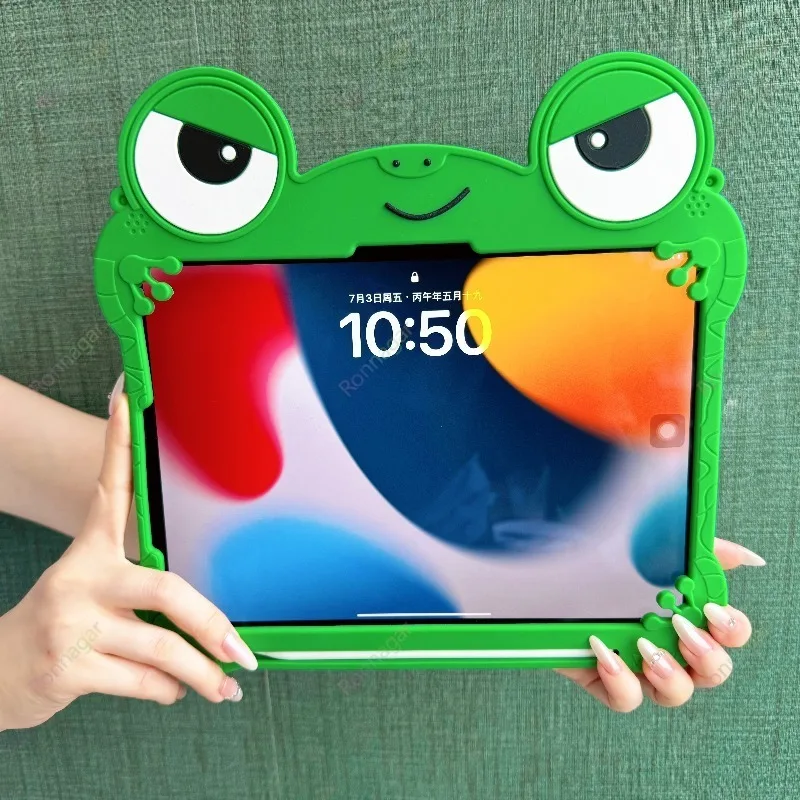 Étui pour tablette iPad A16 11e génération Air11 M4 M3 Mini6 7 Pro 11 9 8 7e génération 10.2 10.9, étui en silicone souple avec support en forme de grenouille 3D