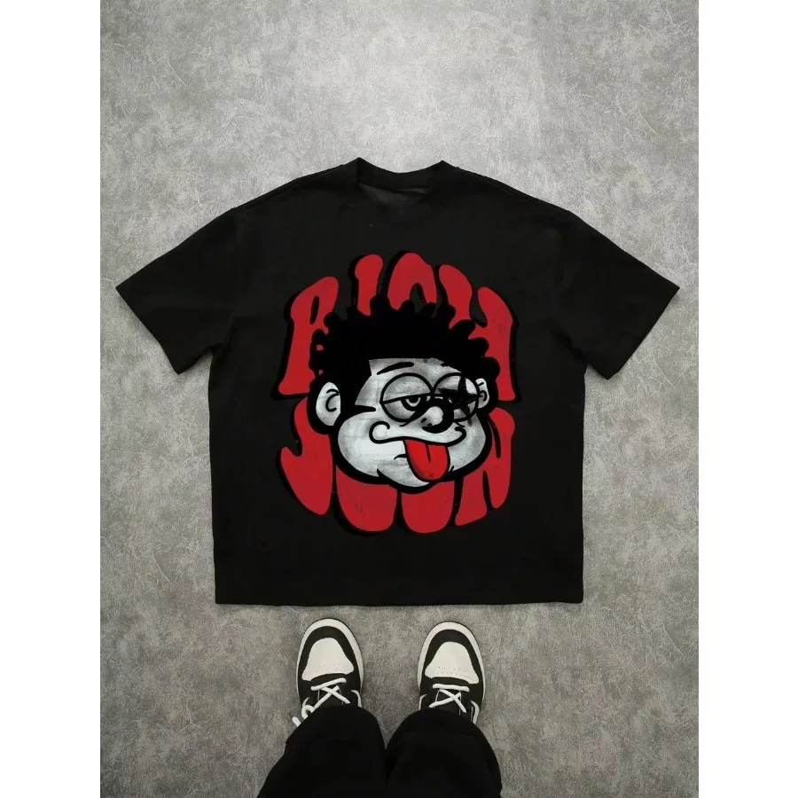 

100% Cotton Summer Streetwear Vintage Funny Face and Red Text Print Loose Graphic T-Shirt