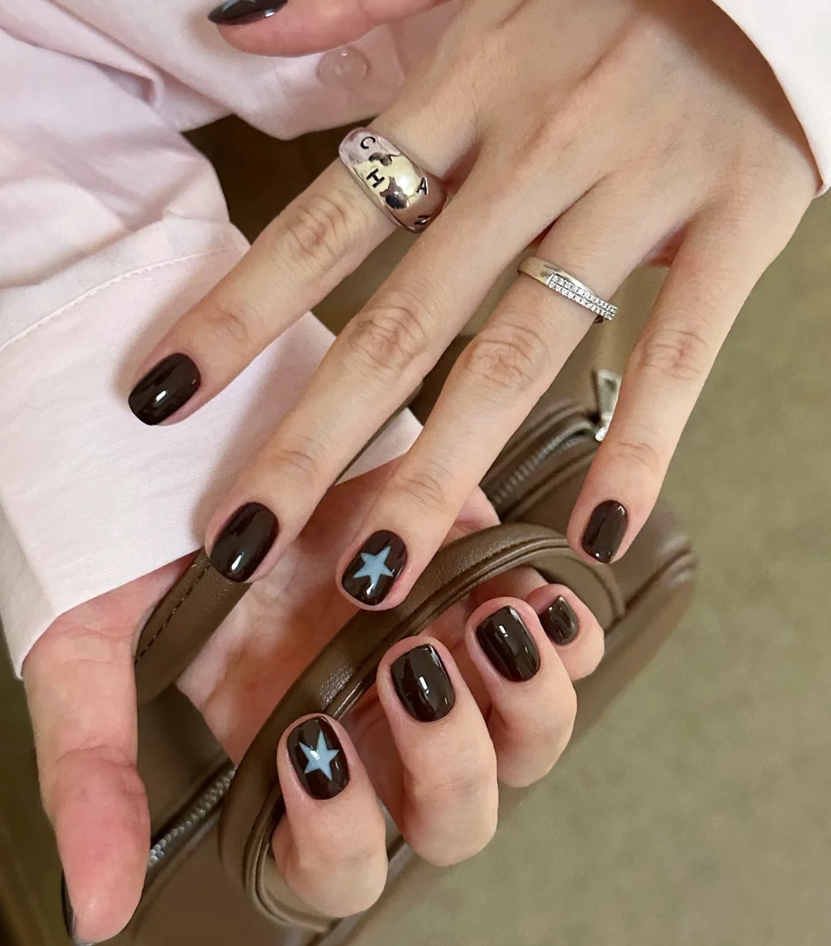 New 10pcs Handmade Short Ins Press On Nails Retro Brown Blue Hand-drawn Star Design Autumn Fake Nails Wearable Nails Art Tips