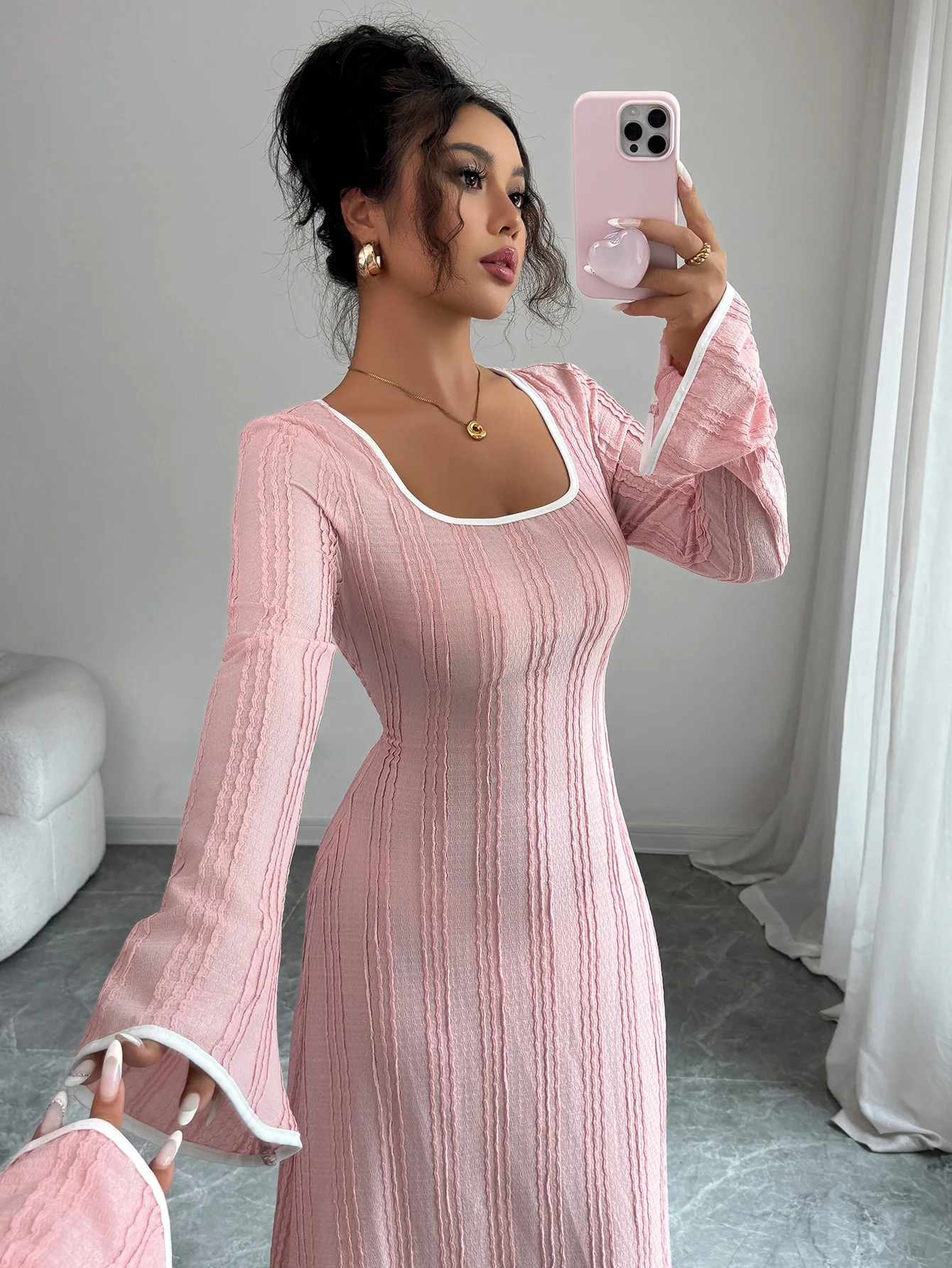 

Women's Pink Textured Maxi Dress Square Neck Contrast Trim Flare Sleeve Slim Fit For Office Formal Evening Party Casual Wear