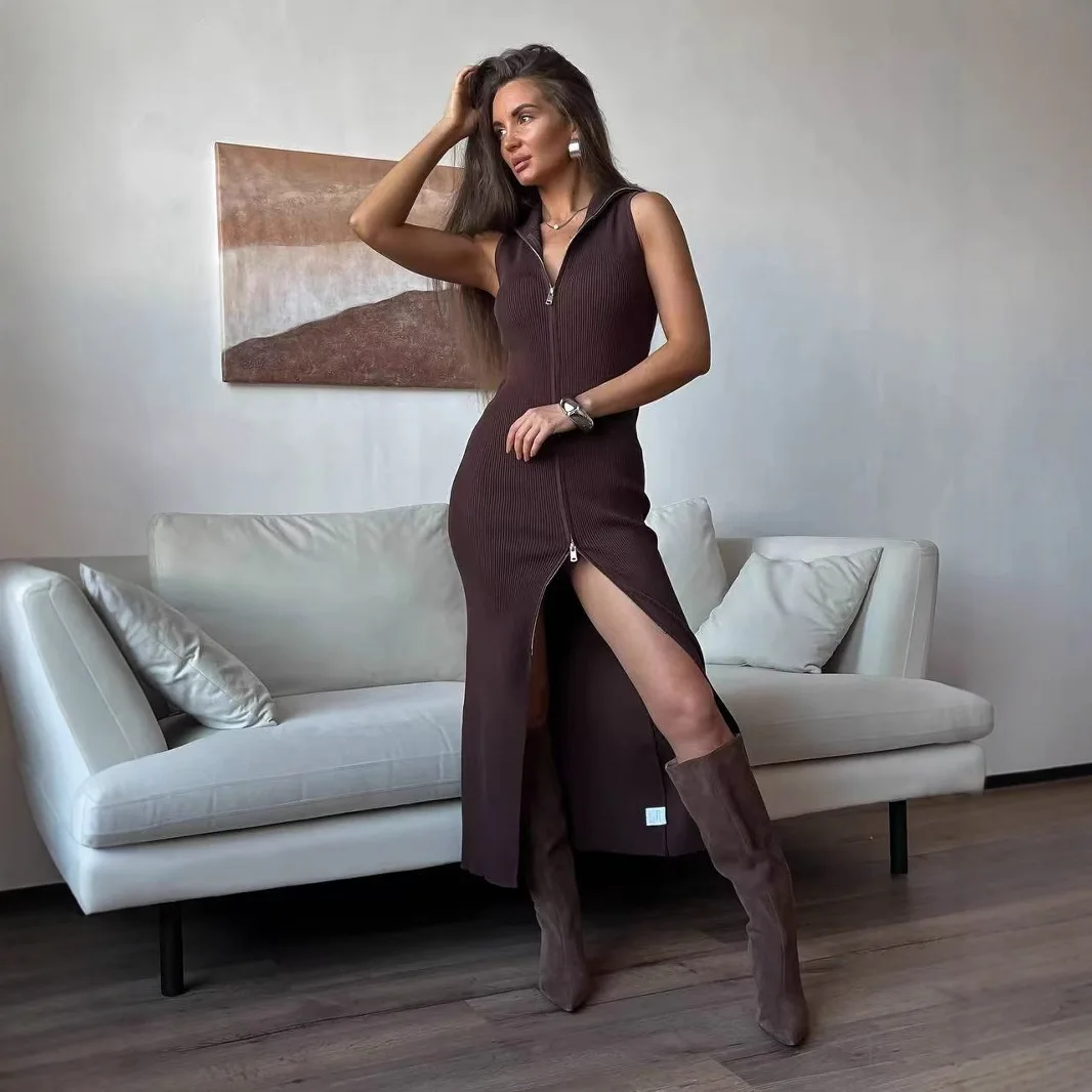 

Women's Brwon White Dress 2025 Autumn Elegant Sleeveless Dress Summer Versatile V Neck Sleeveless Zip Cardigan Maxi Dress