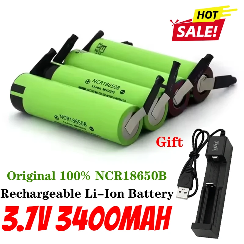 INR1865034B battery DIY nickel strip Lithium ion rechargeable battery 18650 3.7V 3400mAh, high current DIY nickel strip+Charger