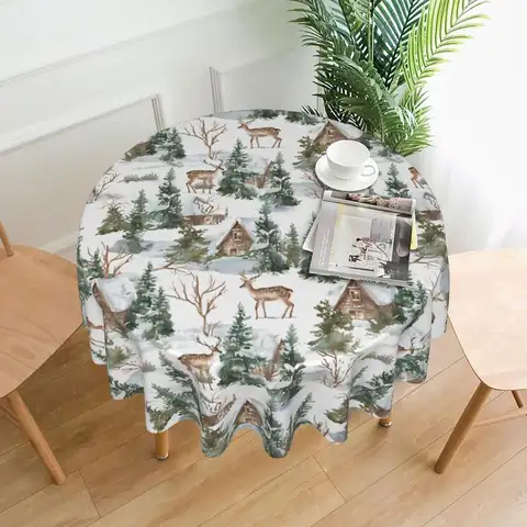 Nappe ronde d'hiver 60 pouces, aquarelle verte, arbre, cerf marron imprimé, nappe décorative de noël, en Polyester lavable
