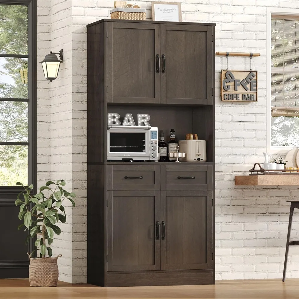 71“ Tall Kitchen Pantry Storage Cabinet, Modern Kitchen Hutch Bar Cabinet with Microwave Stand, Dark Brown, Kitchen Cabinets