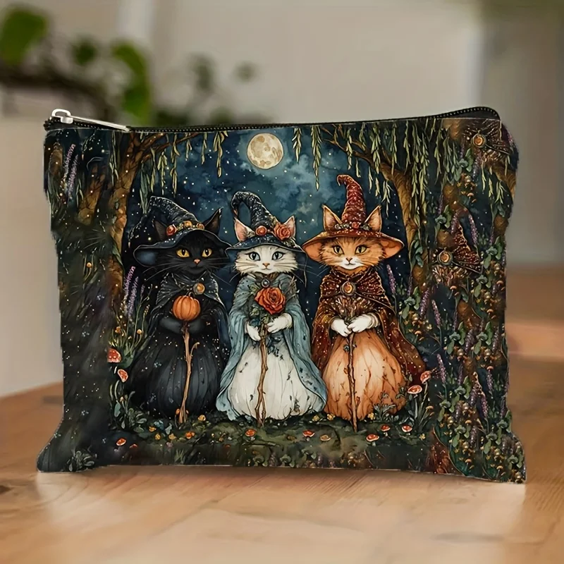 1 Stück Retro Night Cat Wizard Make-up-Tasche, doppelseitig bedruckt, langlebig und faltbar, Reiseaufbewahrung, skurrile Halloween-Design-Tasche – Detail 3