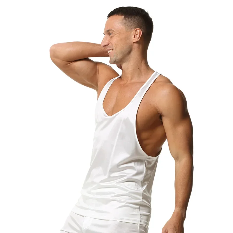 Men Sports Tank Top Solid Round Neck Thin Shoulder Strap Sleeveless Vest Breathable Loose Gym Workout Muscle Tank Top