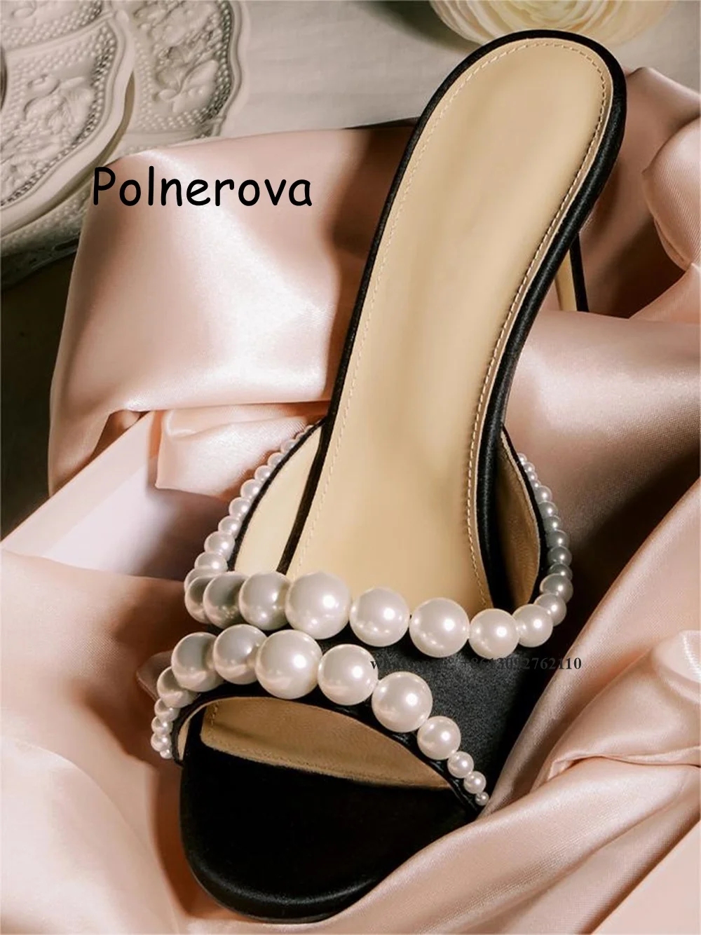 

Pearl Satin Slippers Thin Heels One Word Belt Women's Shoes Slip On Open Toe Summer Casual Elegant Ladies Fashion Luxury Shoes