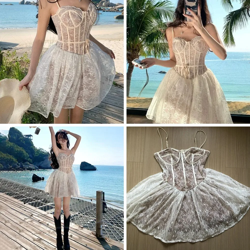 

Sexy Lace Mini Dress with Spaghetti Straps & Sweetheart Neckline for Beach Holiday