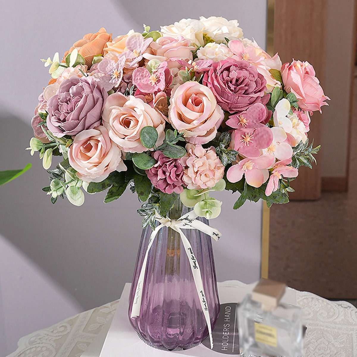Künstliche Blumen Seidenrosen Pfingstrosen Hortensien Festival-Kranz Deko Hochzeitskranz Heim Zimmer Tisch DIY Geschenke Bastelzubehör
