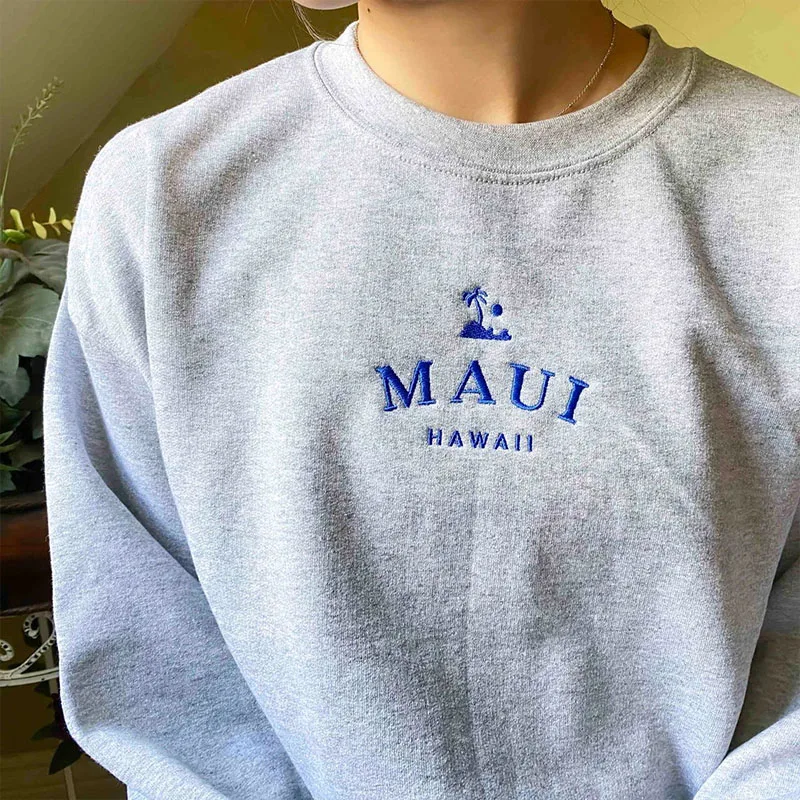 Maui Hawaii Embroidered Gray Sweatshirts Long Sleeve Loose Men Women Autumn Casual Clothes Vintage Style Unisex Cotton Pullovers