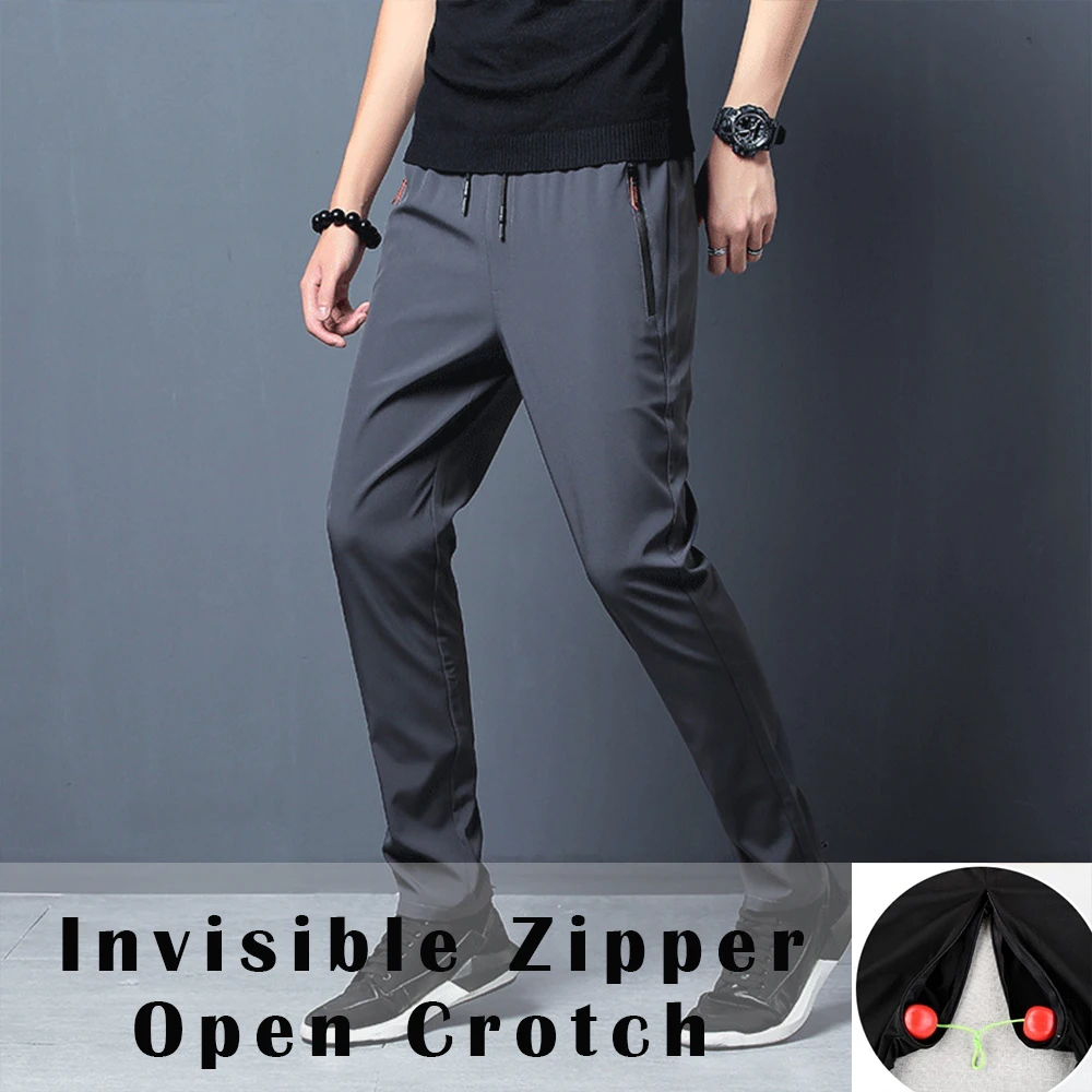 Summer Spring Ice Silk Men Zipper Crotch Pants Casual Black Plus Size Straight Trousers