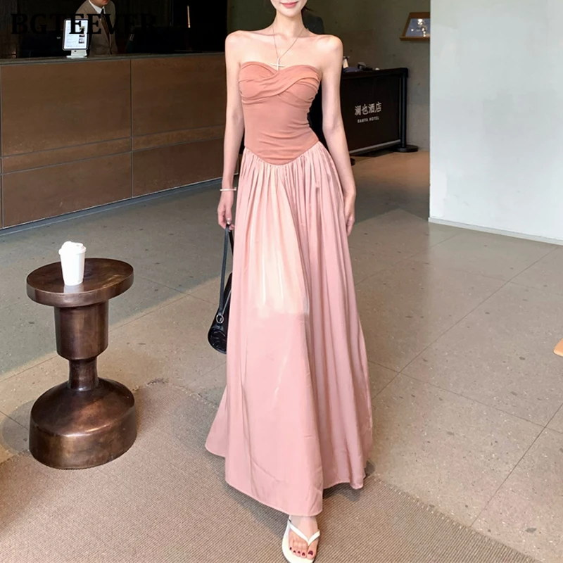 

BGTEEVER Stylish Women A-line Strapless Mid-Length Dress Summer Fashion Slim Waist Female Patchwork Sleeveless Pleated Dress