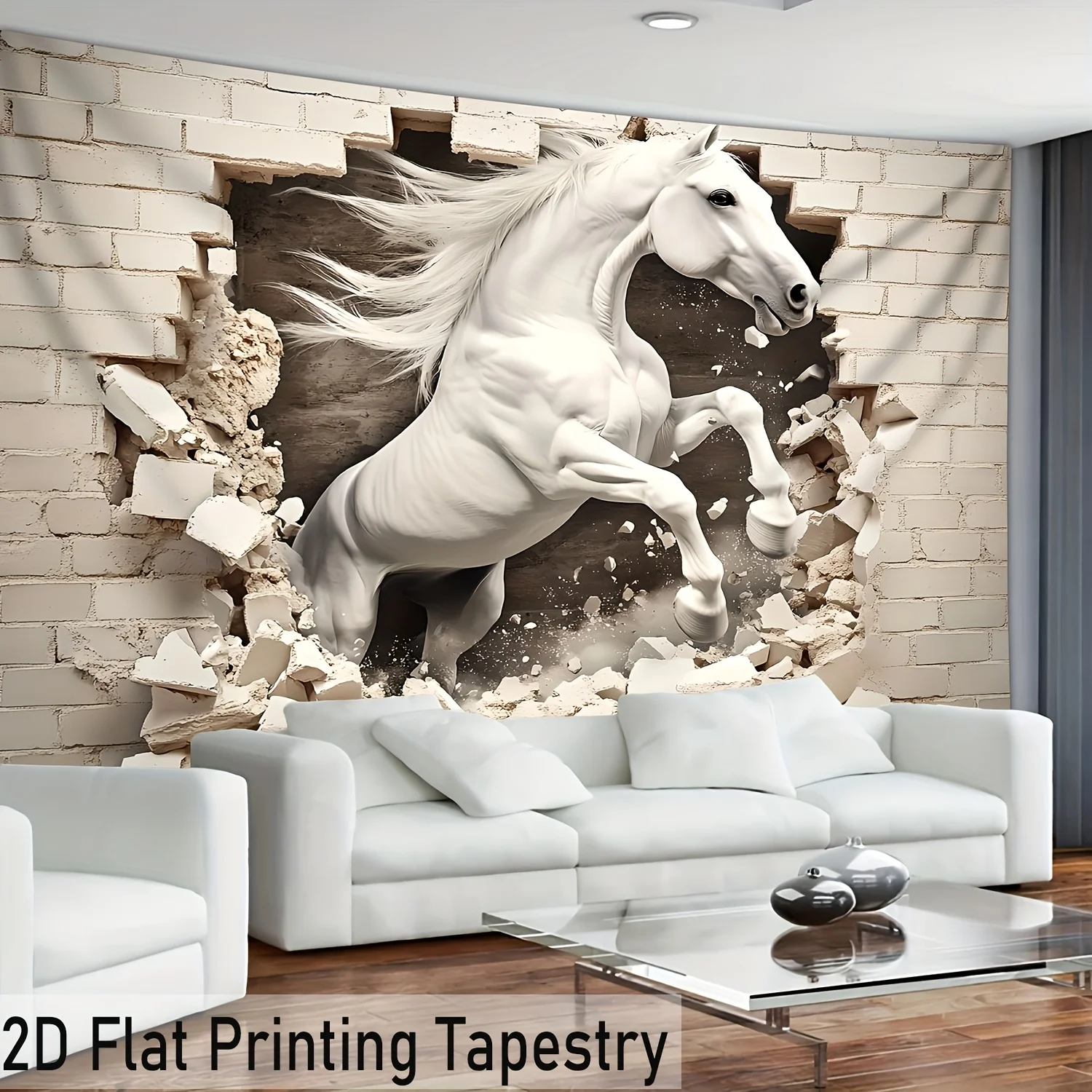 White Horse Breaking Wall Tapestry 3D Effect Animal Art Modern Home Decor Living Room 2D Flat Print