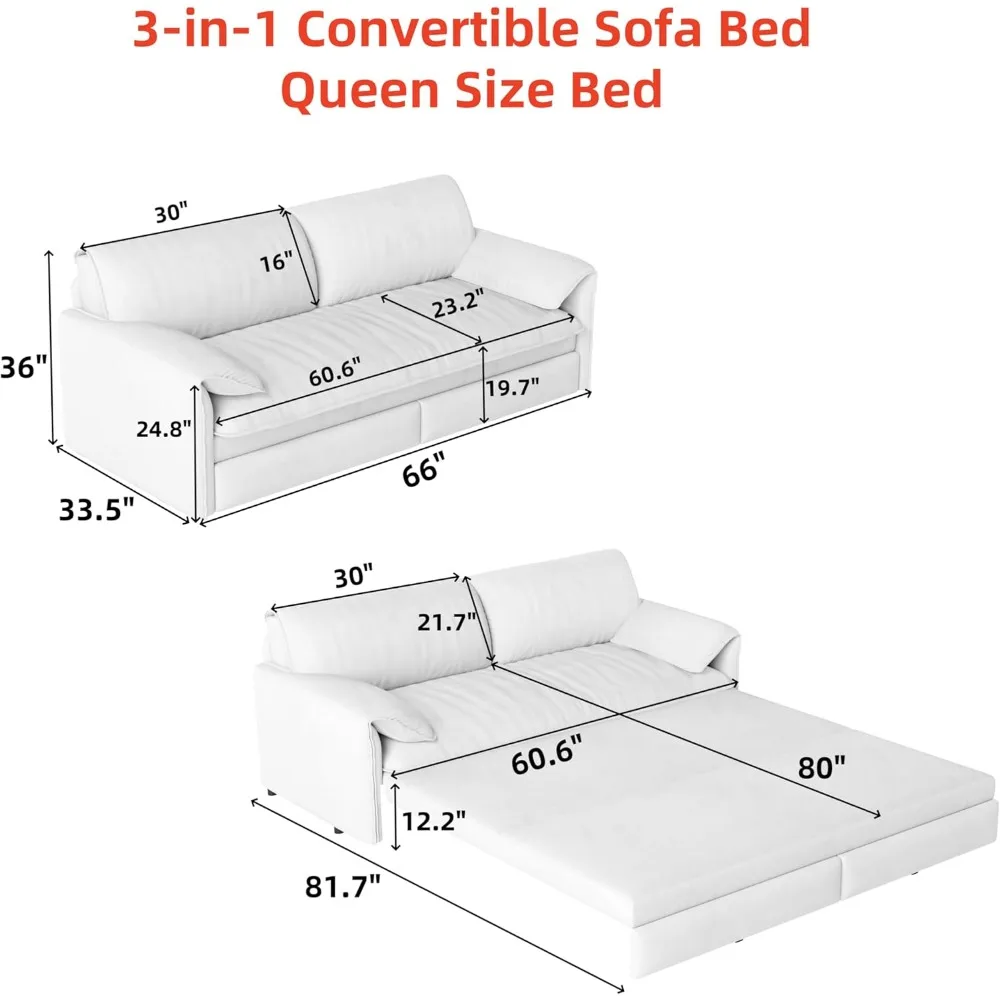 أريكة سرير قابلة للسحب بحجم كوين 66 بوصة، أريكة نوم قابلة للتحويل 3 في 1 مع مساحة تخزين جانبية، سرير بمقعدين مخملي حديث، لغرفة المعيشة #2