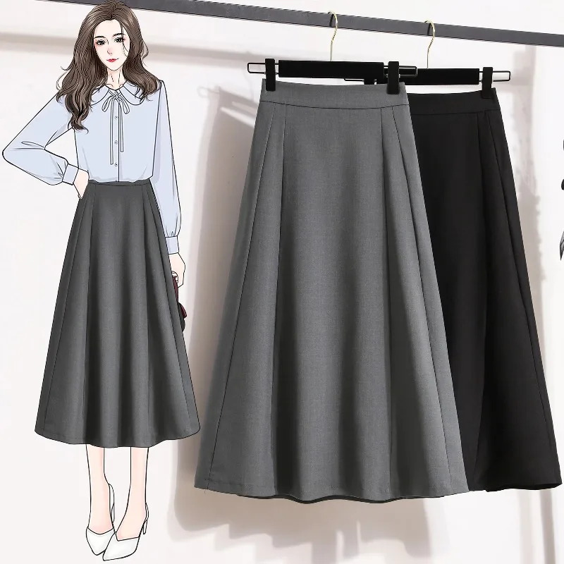 plus Size Autumn High Waist Midi Skirt A-Line Shape Conceals Belly for Women over 200 Pounds Korean Style Commute Dress