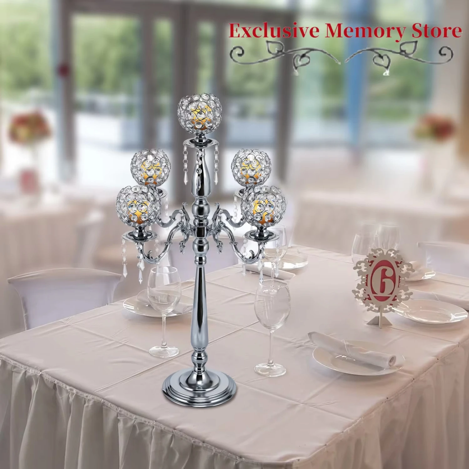 5 Arms Tall Floor Candelabra / Crystal Candlestick Holders  Wedding Centerpieces Dinner Table Decoration Silver Flowers Menorah