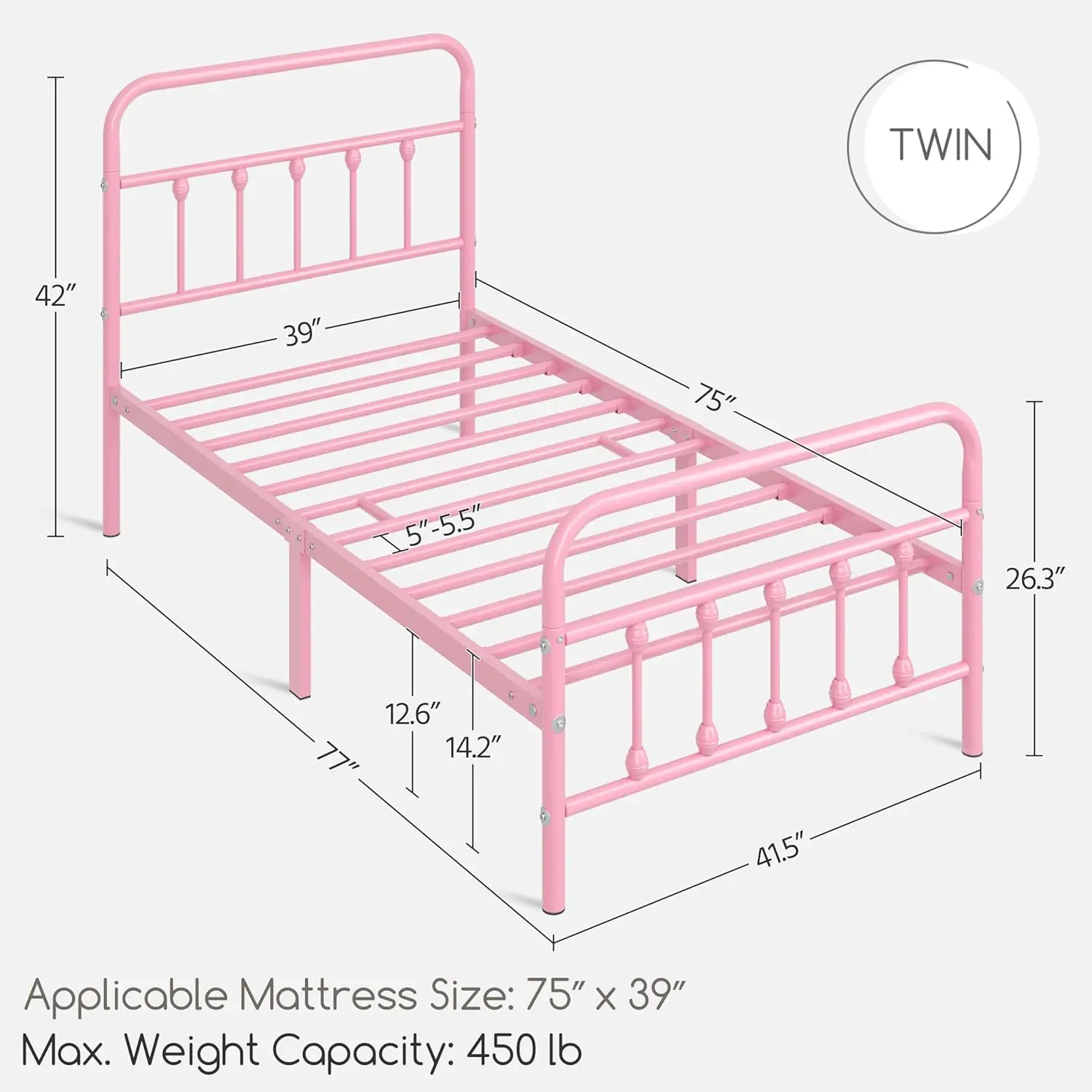 Bed frame, mattress base, wrought iron headboard/footrest/storage space under the bed/no need for springs/pink twin beds