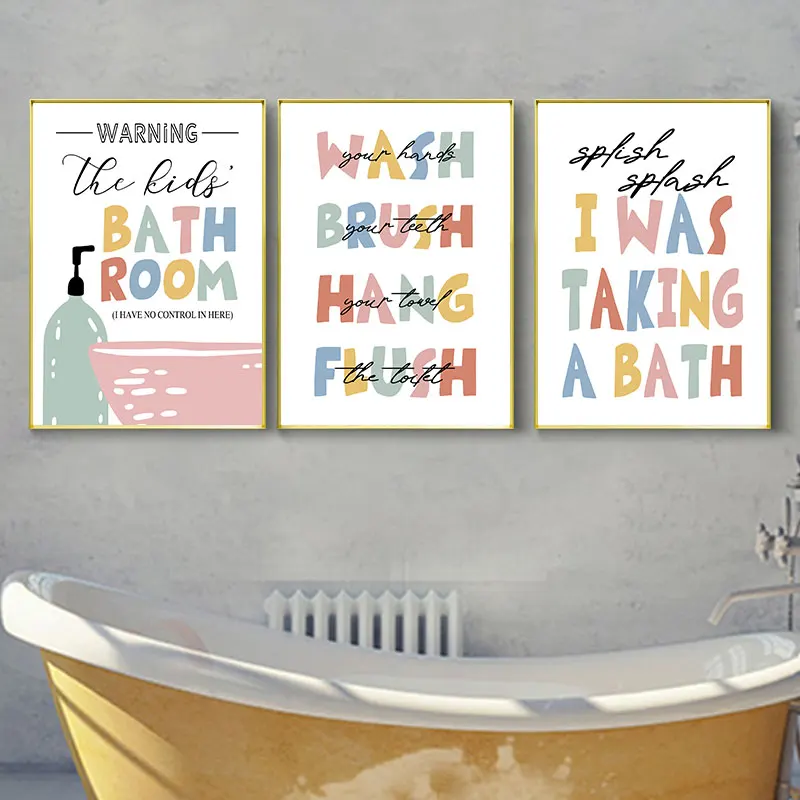 Modern Playful Kids Bathroom Quotes Canvas Art Poster Prints Cute Colorful Typography Wall Decor Pictures for Nursery