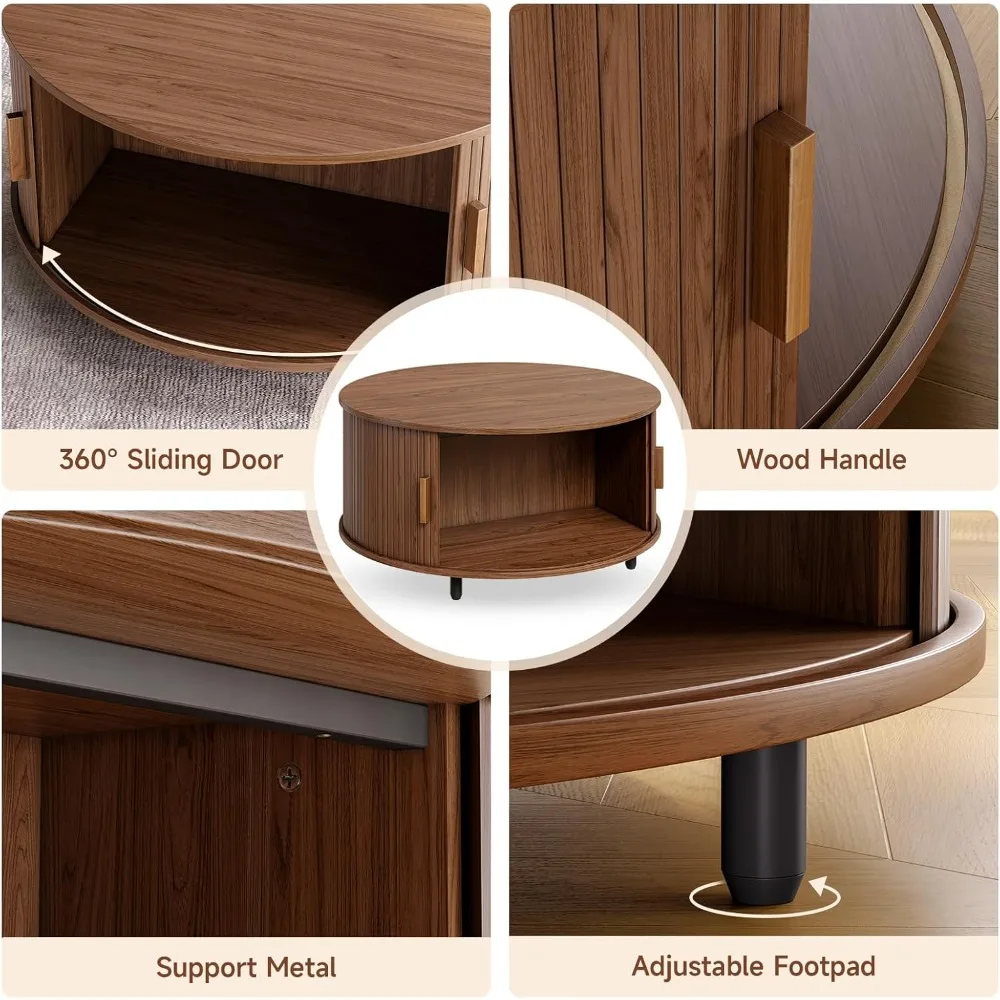 โต๊ะกาแฟทรงกลมพร้อมพื้นที่เก็บของ โต๊ะกาแฟทันสมัยขนาด 31.5 นิ้ว หมุนได้ 360 องศา °   ประตูบานเลื่อนโค้ง, โต๊ะกาแฟไม้แบบมีร่อง