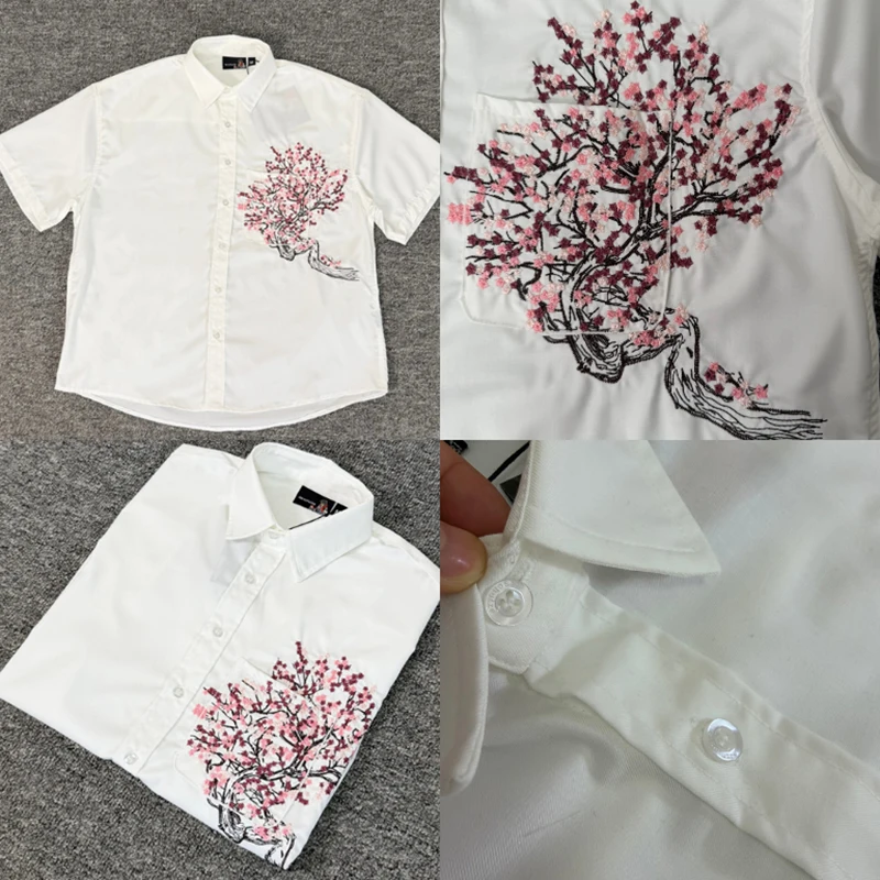 Fashion New DERSCHUTZE Men's Shirts Loose Fit Cherry Blossom Embroidered Casual Short Sleeve Shirt