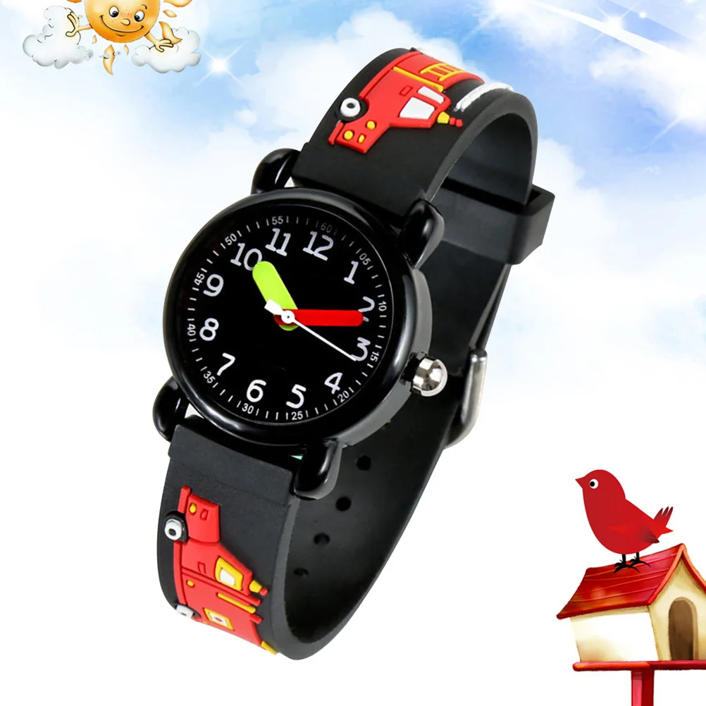 

Часы с 3D мультяшным узором, силиконовый ремешок, пожарная машина, черные водонепроницаемые кварцевые наручные часы для начальной школы