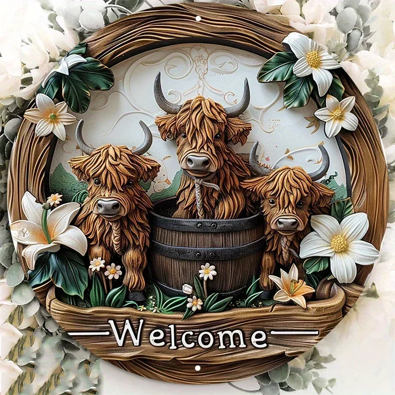 Attractive Highland Cow and Lily 8 X 8inch Aluminum Sign, Uv-Resistant and Scratch-Resistant, Easy to Hang, for Indoor and Outdoor Decoration