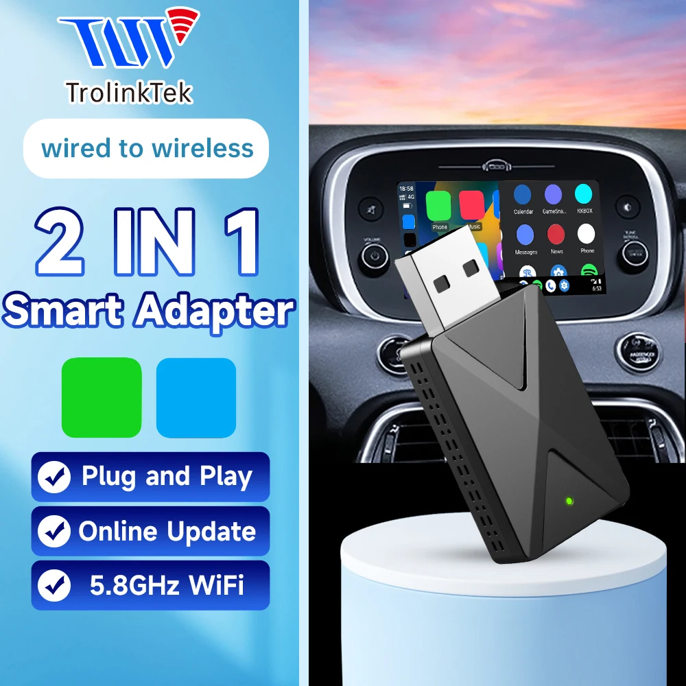 TrolinkTek Mini Wireless CarPlay Dongle, Portable USB Converter Plug&Play, OTA Online Firmware Upgrade, Anti-interference Signal, Handsfree Calling Music Streaming for Stock Wired CarPlay Vehicles