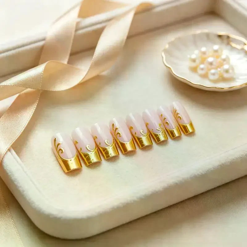 /Kuz/24Pcs Square Shape Nude Golden Gilding Flora Design Full Cover Press On Artificial Nails Medium Long Fake Nails For Women