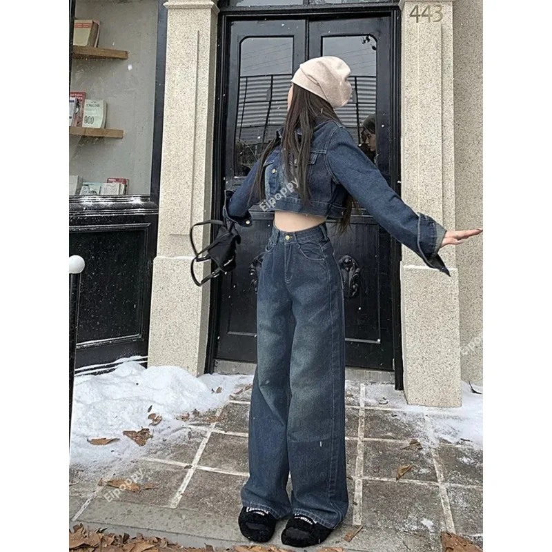 Nuovo vestito di Jeans Vintage cappotto corto da donna Top + Jeans pantaloni a gamba larga 2024 autunno nuovo Set di due pezzi di moda