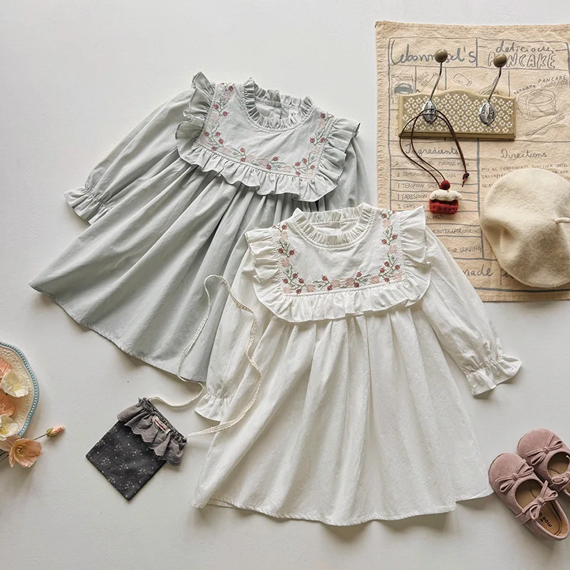Girls Dress 2026 Fall Winter New Cherry Print Korean Edition Kids Dress Cotton Embroidery Cute Ruffle Girls Party Princess Dress