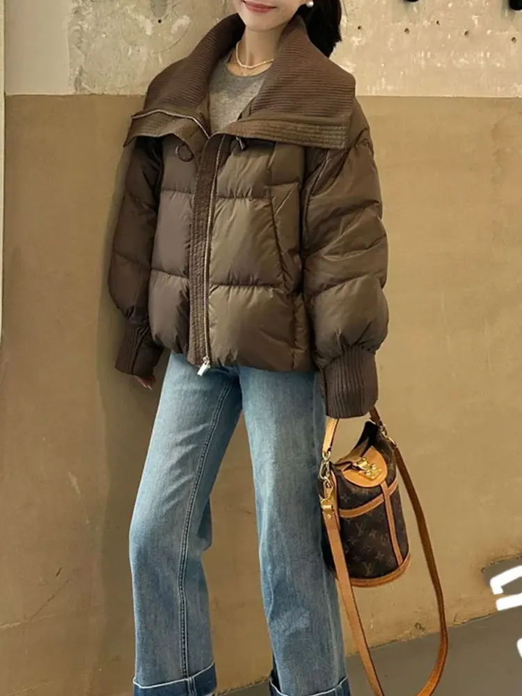 

Корейская ретро-куртка-пуховик для женщин, новая зимняя свободная теплая куртка-пуховик на молнии, вязаная из хлопка