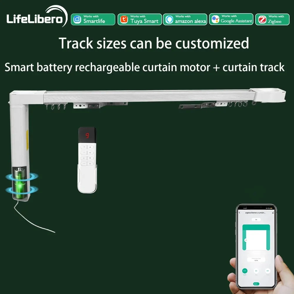 Lifelibero Tuya Zigbee Batterij Smart Gordijn Motor Kit Automatisch Systeem Elektrische Gordijn Rail Set Ondersteuning Alexa Smart Life