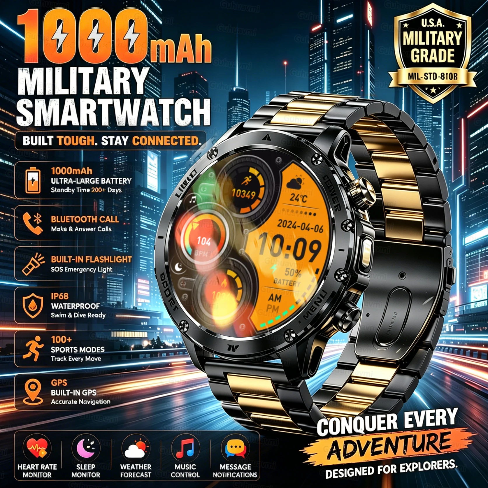Horloge intelligente haut de gamme en plein air 1000mah 1.7 "haute définition grand écran 100+ sport BT appel à la boussole de la lampe de poche Fitcloudpro IP68 SOS smartwatch fitness tracker Android iOS
