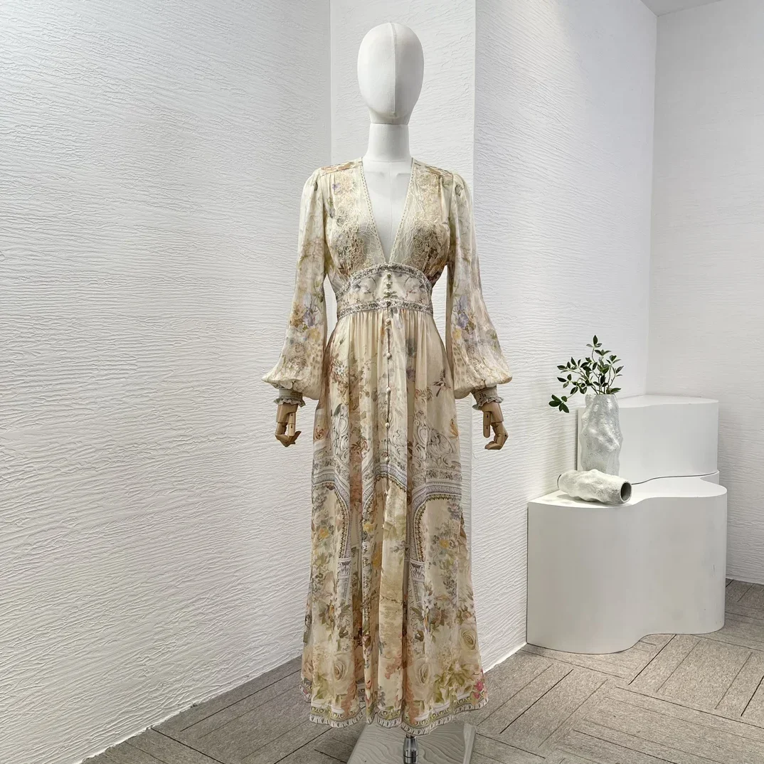 Re-tro 2024 Linen Silk Beige Floral Print Long Sleeve Deep V-Neck Diamonds Lace Patchwork High Quality Midi Dress for Women