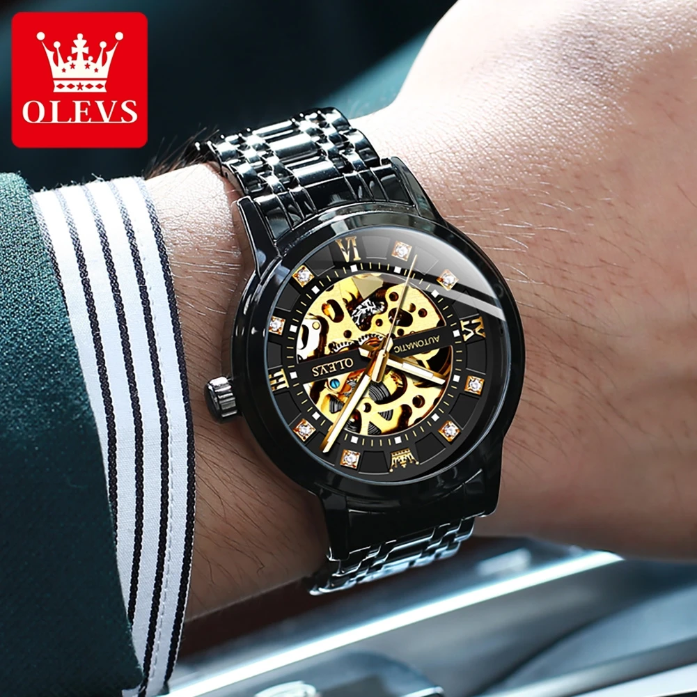 OLEVS Luxury TOP Brand Men Watch Full Hollow Design Black Stainless steel Waterproof Luminous Hand Clock Automatic Men\'s Watches