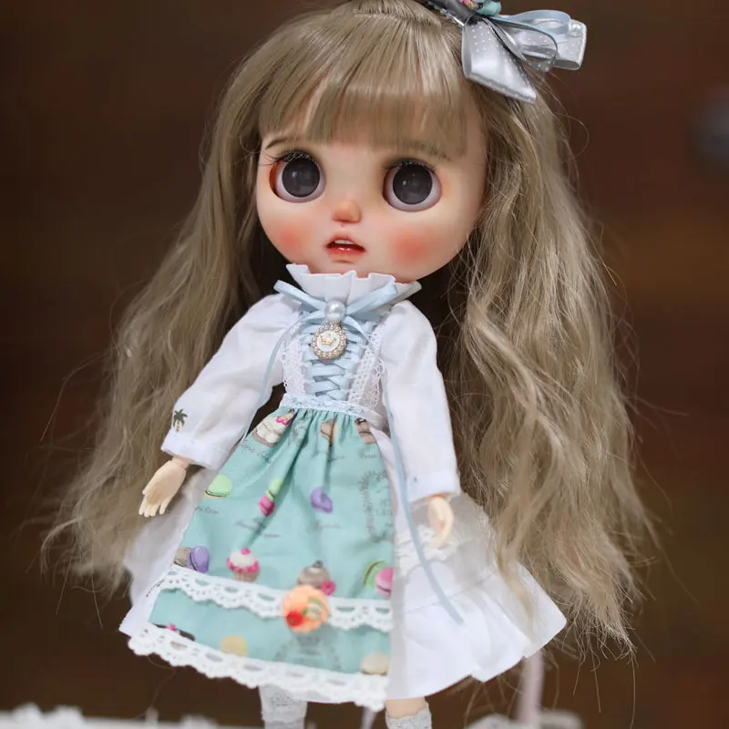 Одежда для куклы BJD ручной работы 1/6, серая шпилька с большим бантом, белое простое платье, зеленый кружевной фартук, комплект для Blythe Azone Licca Pullip Clothes