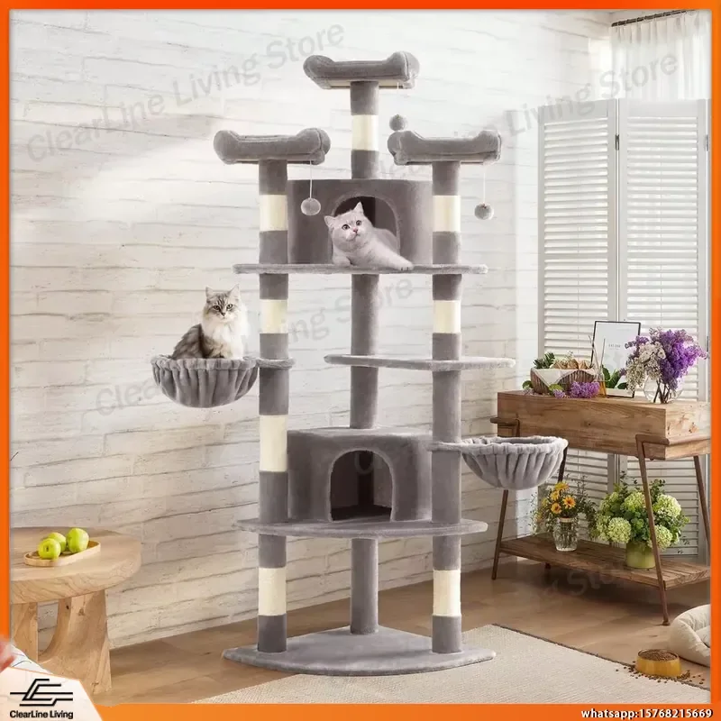 Fan-Shaped Corner Cat Tree 73in Tall Multi-Level Scratching Post for Indoor Cats Space Saving Cat Tower with Condos Perches