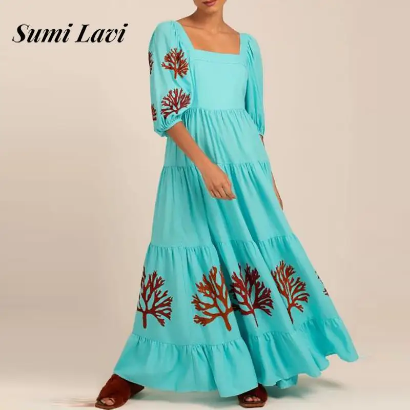 

Женское Повседневное платье с коротким рукавом и высокой талией, элегантное вечернее платье с цветочным принтом, модные Плиссированные Свободные платья с квадратным вырезом