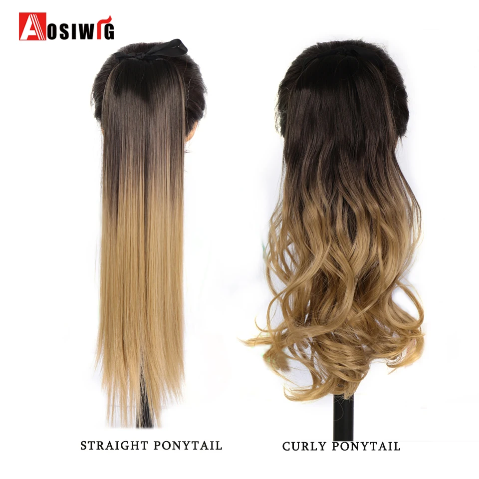 AOSI Synthetic Bandage Long Curly Ponytail Black Ponytail Extension Wrap Around Clip In Ponytail Hair Extension  For Women