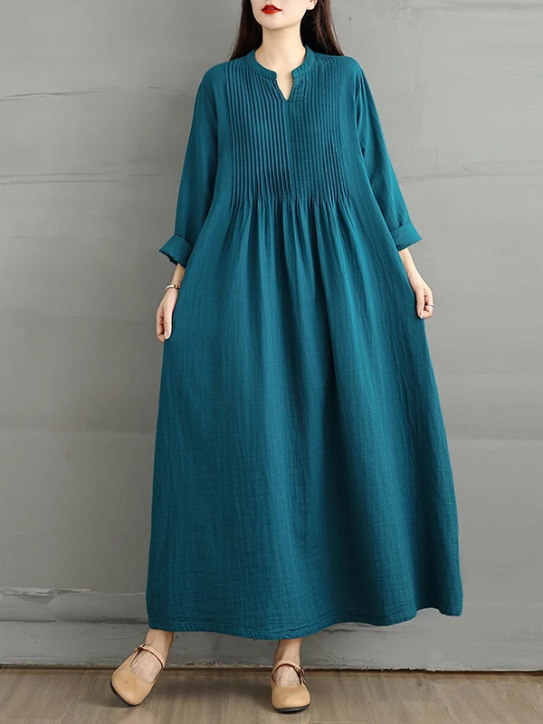 Loose Double Layered Sleeve Long Dress Women's Midi Skirt Blue High Waist A-Line Gown City Walk Cotton Linen Print Dress