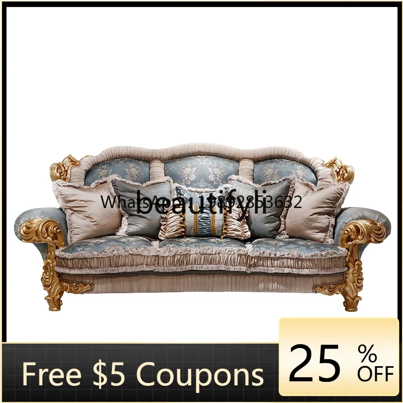

FF French luxury furniture champagne gold hand-carved embroidered solid wood fabric sofa