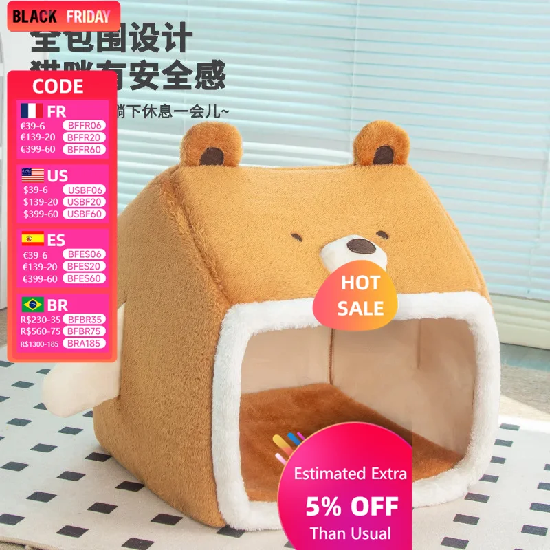 

New Bear House Cat Bed Semi-closed Pet Cat House Springback Sponge Comfortable Warm Pet Nest Pad Pet Bed Dog Bed